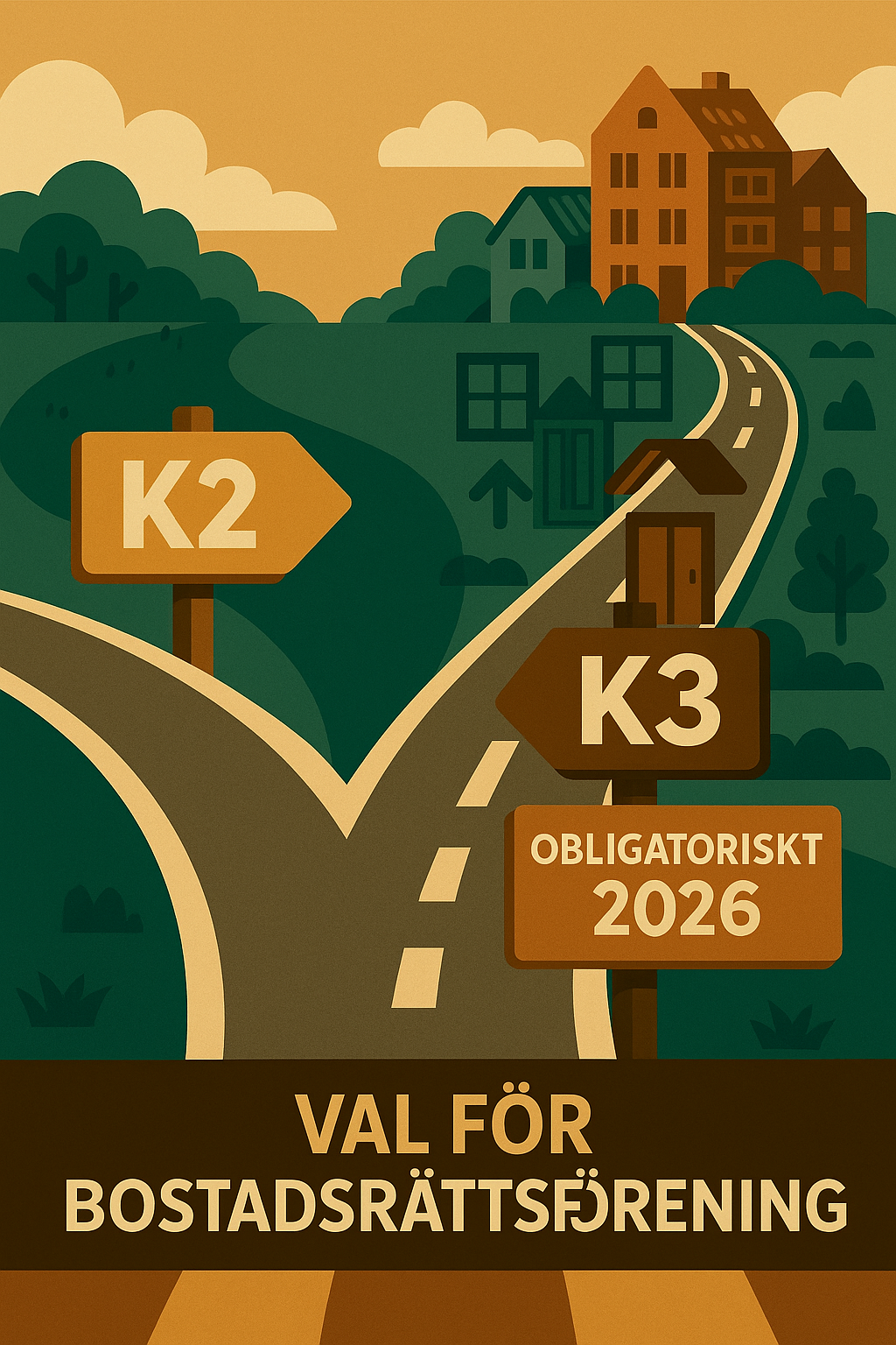 Symbolisk väg mellan redovisningsreglerna K2 och K3 inför 2026, med K3 som obligatoriskt val för bostadsrättsföreningar.