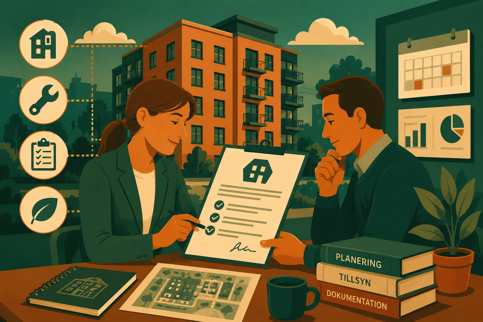 Illustration av samarbete och planering inom fastighetsförvaltning