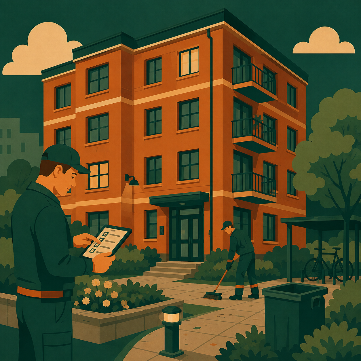Illustration av fastighetsskötsel med tillsyn och löpande skötsel