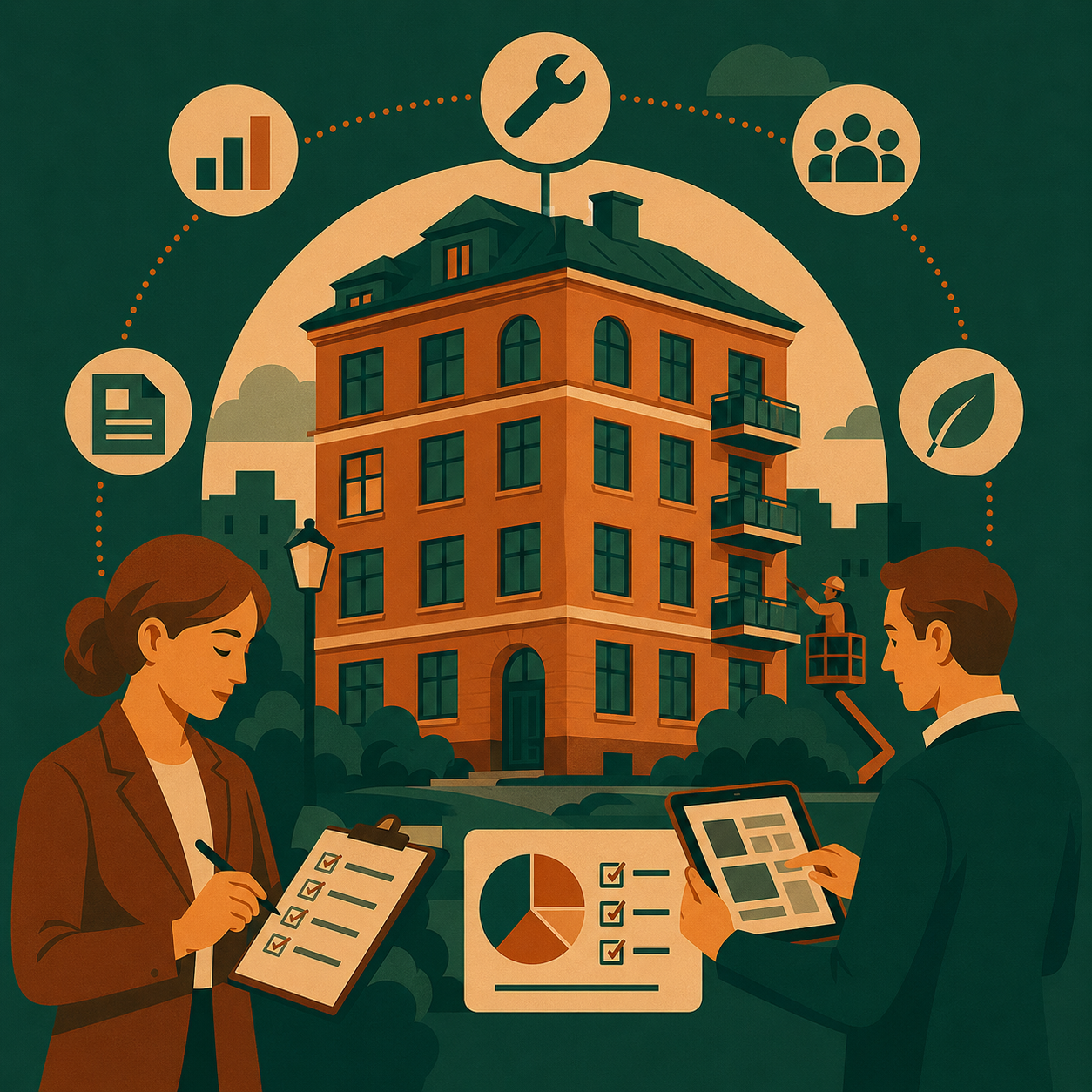 Illustration av förvaltning med planering, uppföljning och fastighet